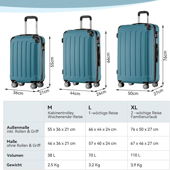 BEIBYE Hartschalen-Koffer Trolley Rollkoffer Reisekoffer Handgepäck 4 Rollen (M-L-XL-Set) (Dunkelgru