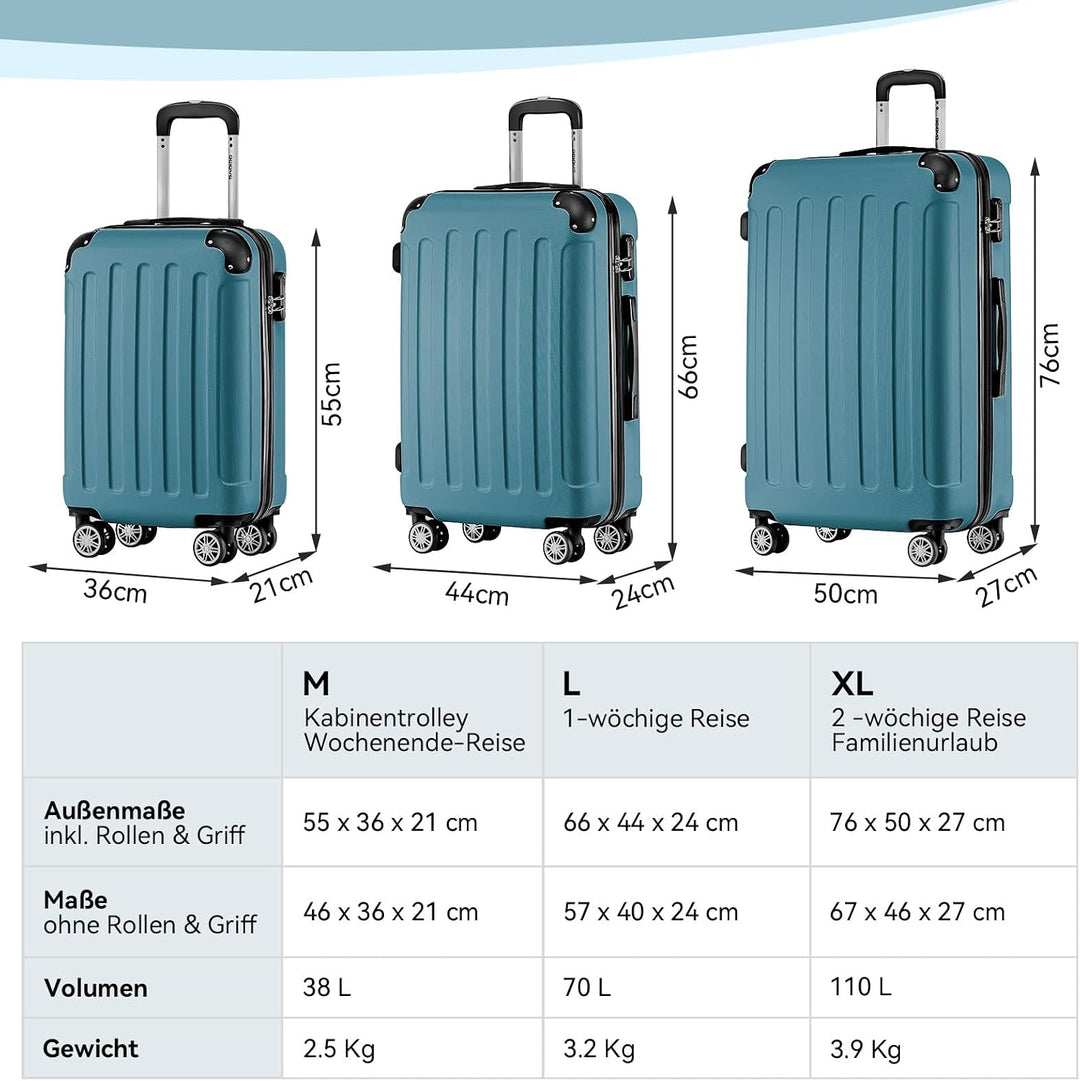 BEIBYE Hartschalen-Koffer Trolley Rollkoffer Reisekoffer Handgepäck 4 Rollen (M-L-XL-Set) (Dunkelgru