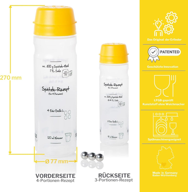 Einsteiger-Set zum Spätzle selber machen mit Spätzle-Shaker (875 ml gelb) 4 Portionen & Rezeptbuch (