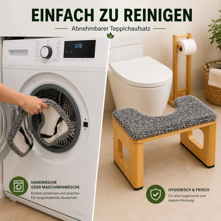 Bambus Toilettenhocker mit Kissen 20 cm hoch – ergonomischer Fusshocker WC aus Holz, rutschfest, bel