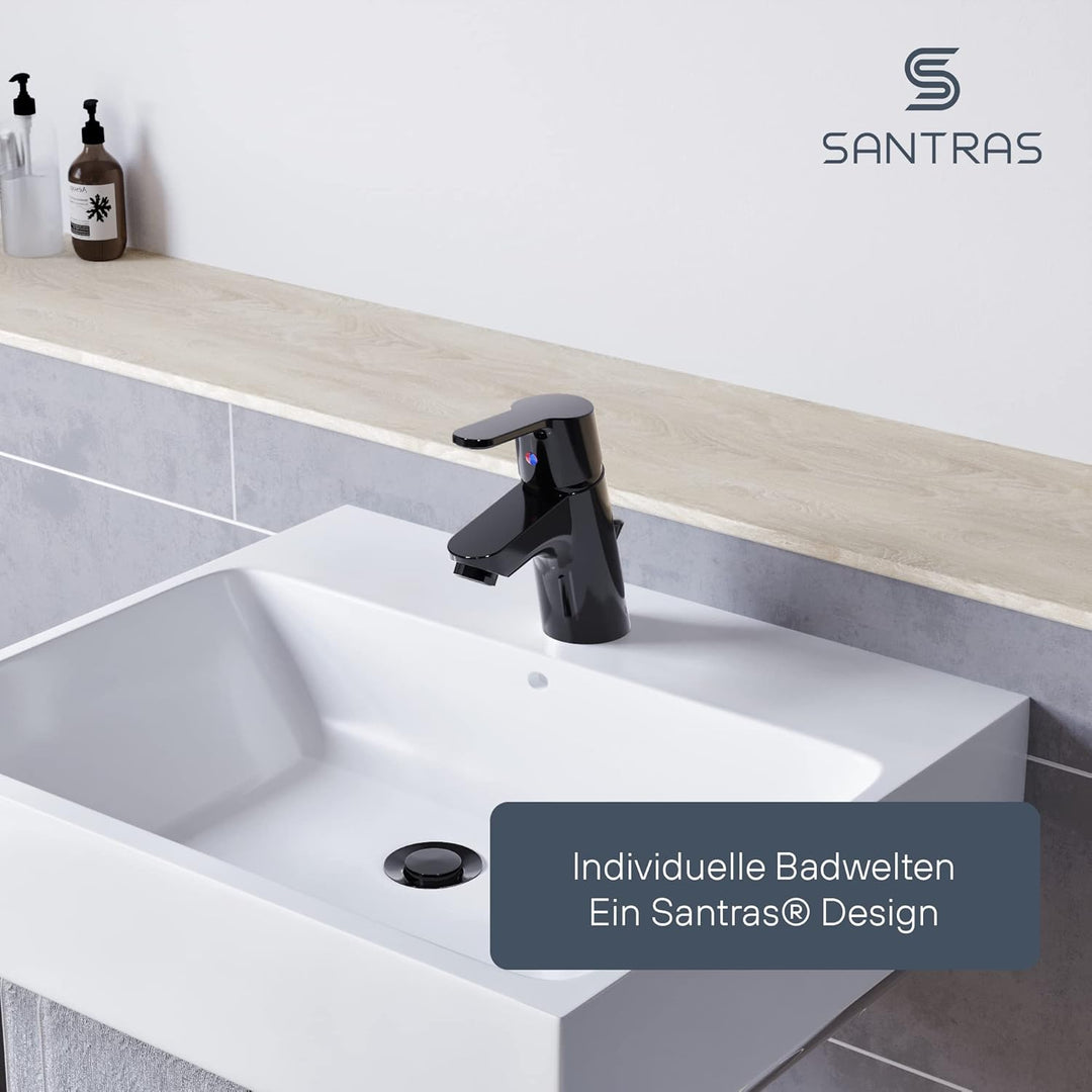 SANTRAS® Waschtischarmatur Bad in Schwarz (RAL 9005, glänzend) mit Zugstange & Exzenter Ablaufgarnit
