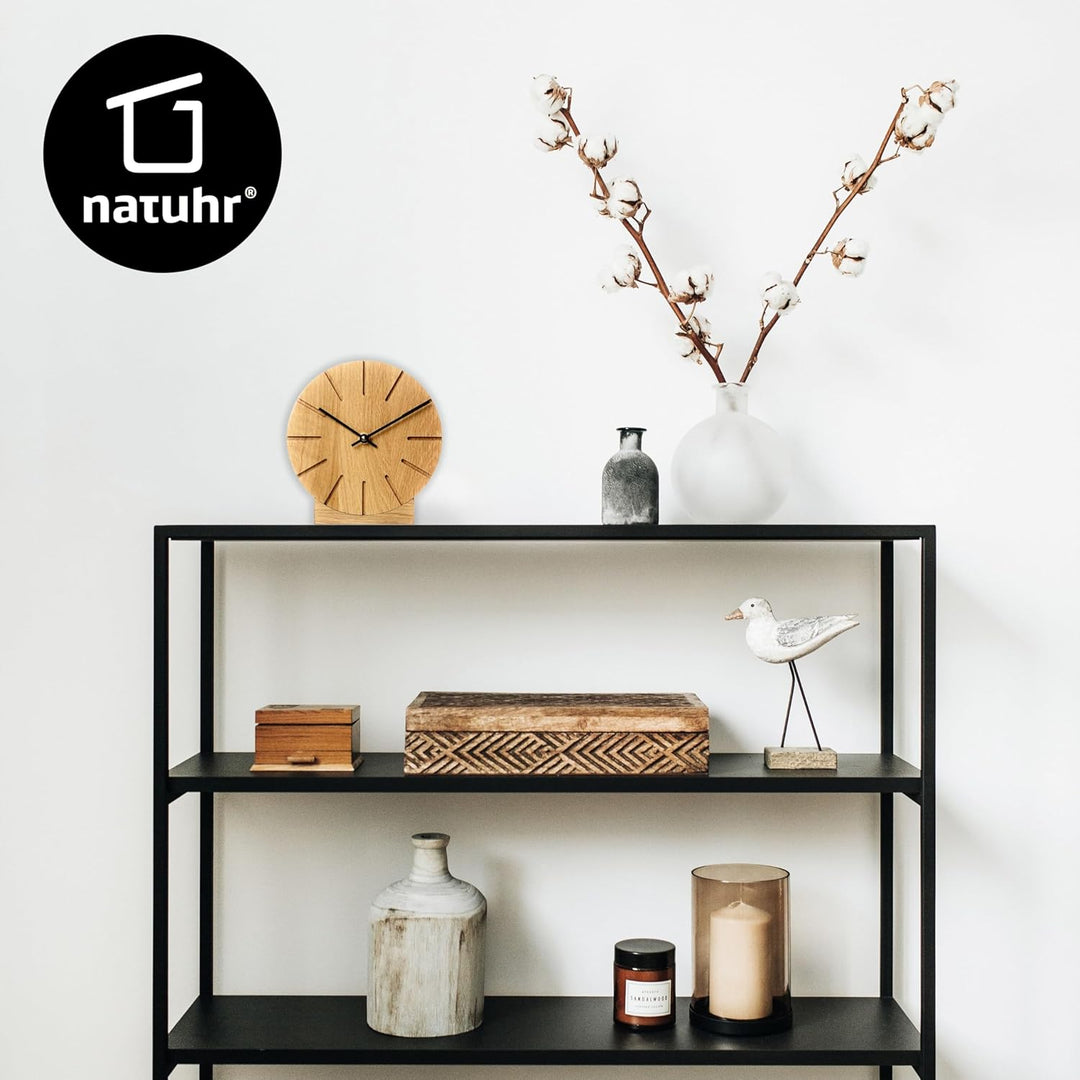 Natuhr Wanduhr Tischuhr Eiche Holz - Boom - geräuscharm Massivholz Design ø17 cm (Eiche geölt Schwar