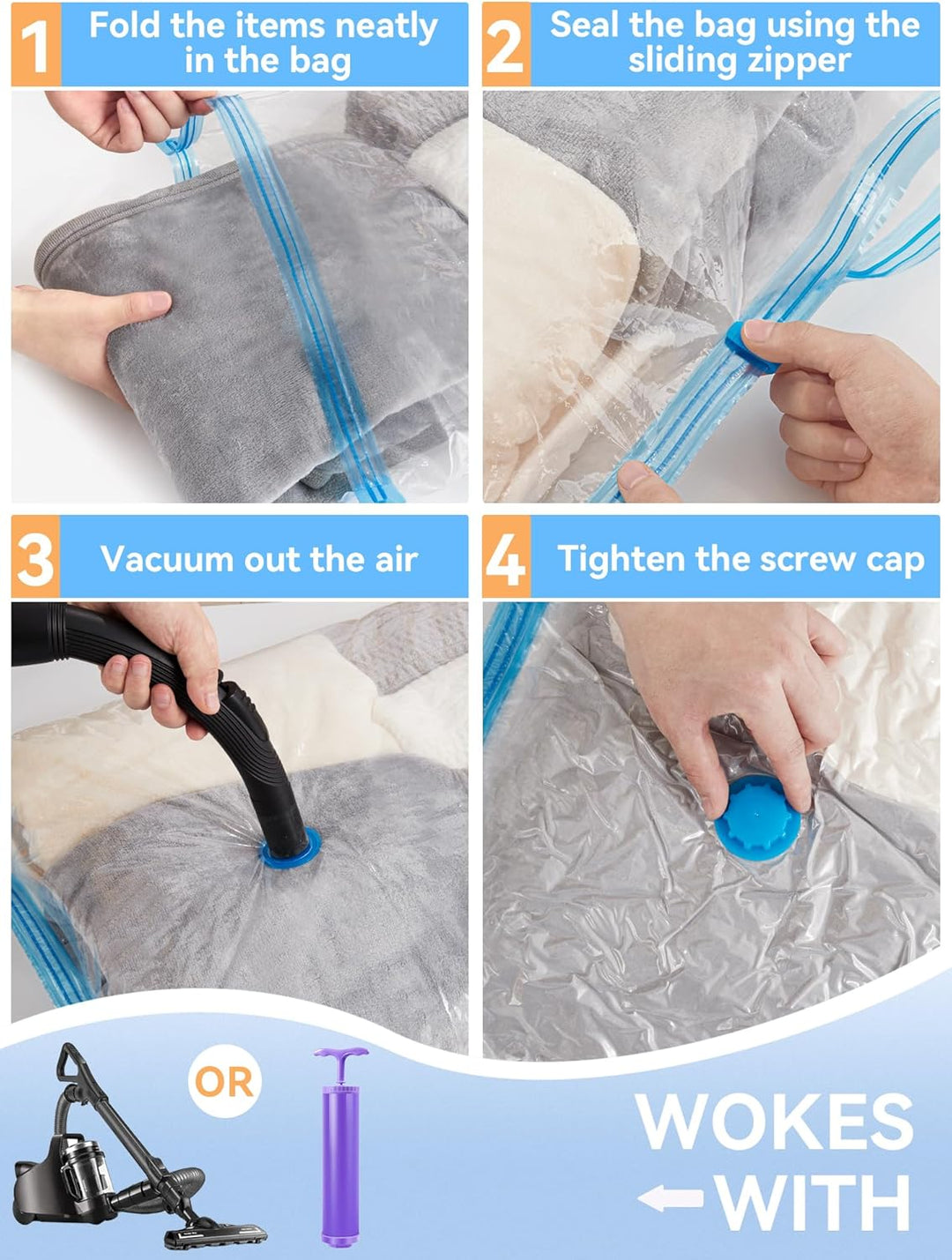 HEETA Vakuumbeutel für Bettdecken, 12 Stück Vakuumierbeutel Kleidung (4 Jumno, 4 Gross, 4 Klein), Wi