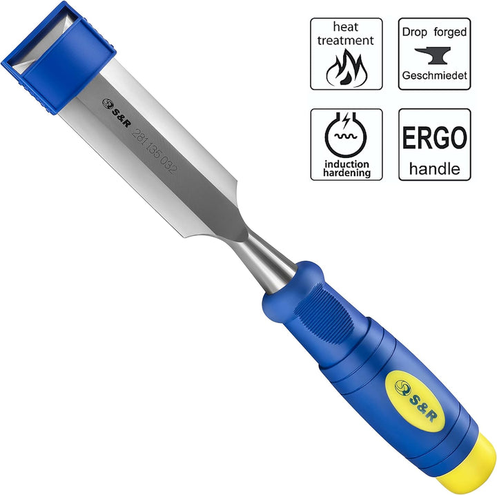 S&R Stechbeitel Set 5 Stück: 6, 12, 20, 25, 32 mm, rutschfeste ergonomische Griffe, Professionelle S
