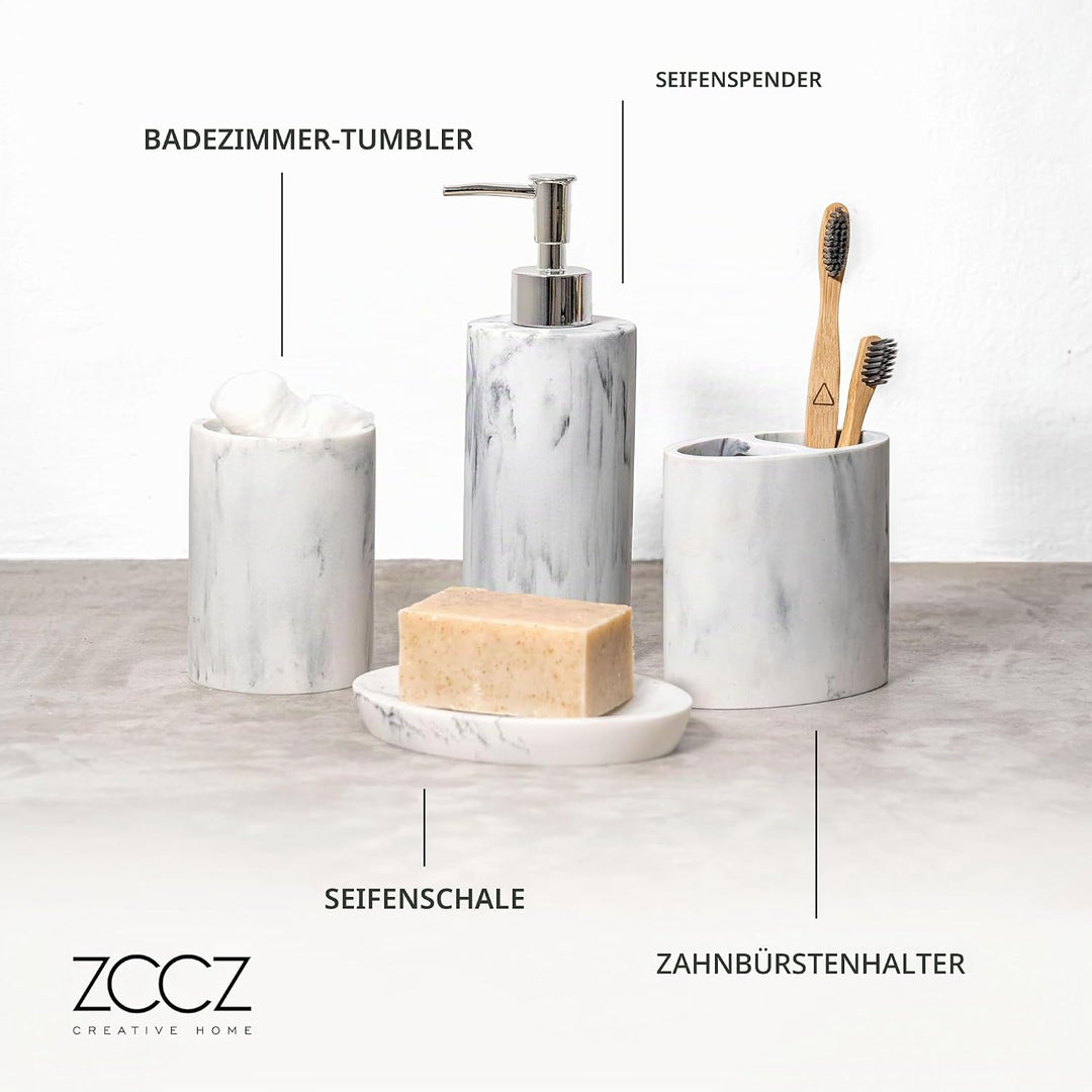 ZCCZ Badezimmer Set – 4 Teile – Badezimmer Organizer mit Zahnbürstenhalter, Seifenspender, runde Sei