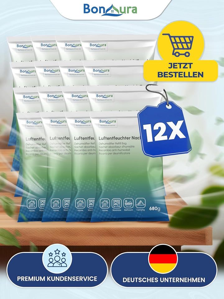 BonAura® AirOne Luftentfeuchter Nachfüllpack I 12er Set 680g Luftentfeuchter Granulat I Entfeuchter
