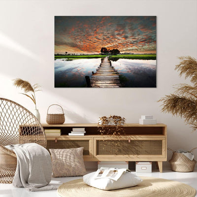 ARTTOR Bilder auf Leinwand 100x70cm Leinwandbild Asien brücke see natur Gross Wanddeko Bild Schlafzi