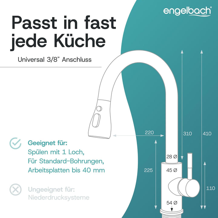 Engelbach® Wasserhahn Küche - ausziehbar & 360 Grad schwenkbar für maximale Reichweite - 304 Edelsta