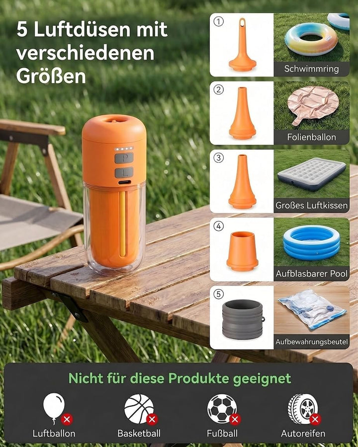 Elektrische Luftpumpe Akku, 4000 Pa Mini Luftpumpe 430 L/min, Tragbare Air Pump mit 5 Düsen & LED-Li