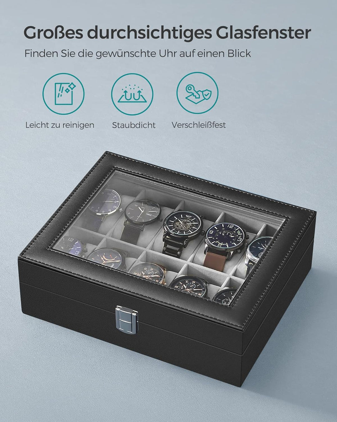 SONGMICS Uhrenbox mit 10 Fächern, Uhrenkasten mit Glasdeckel, Uhrenkoffer mit Herausnehmbaren Uhrenk