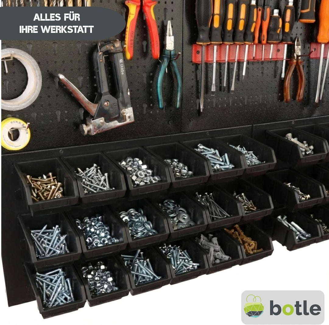 botle® Werkzeugwand Lochwand aus Metall, Stapelboxen + Wandregal + Werkzeughalter 51-tlg Set, Kleint