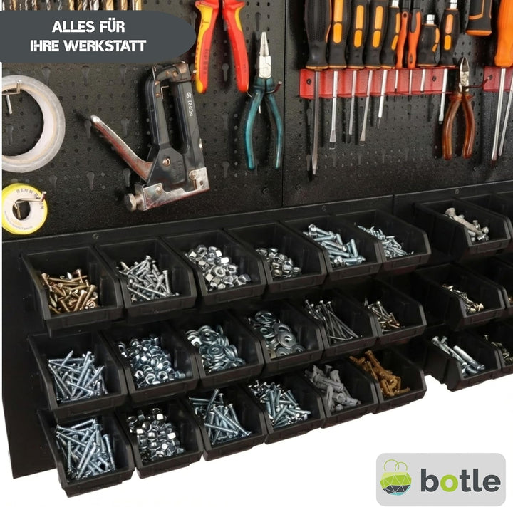 botle® Werkzeugwand Lochwand aus Metall, Stapelboxen + Wandregal + Werkzeughalter 51-tlg Set, Kleint