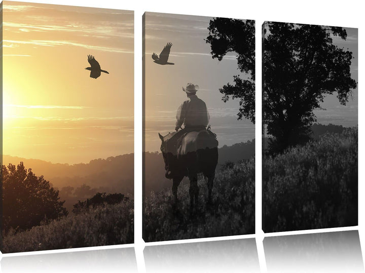 Pixxprint EIN Cowboy im Sonnenuntergang als Leinwandbild | Grösse: 3 Teilig (120x80) | Wandbild| Kun