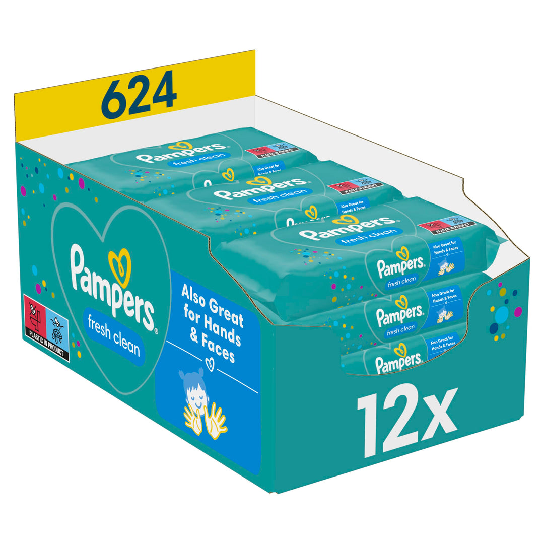 Pampers Fresh Clean Feuchttücher 12 Packungen mit 52 Stück, 624 Feuchttücher, milder Duft, auch für