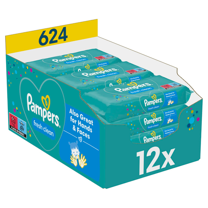 Pampers Fresh Clean Feuchttücher 12 Packungen mit 52 Stück, 624 Feuchttücher, milder Duft, auch für