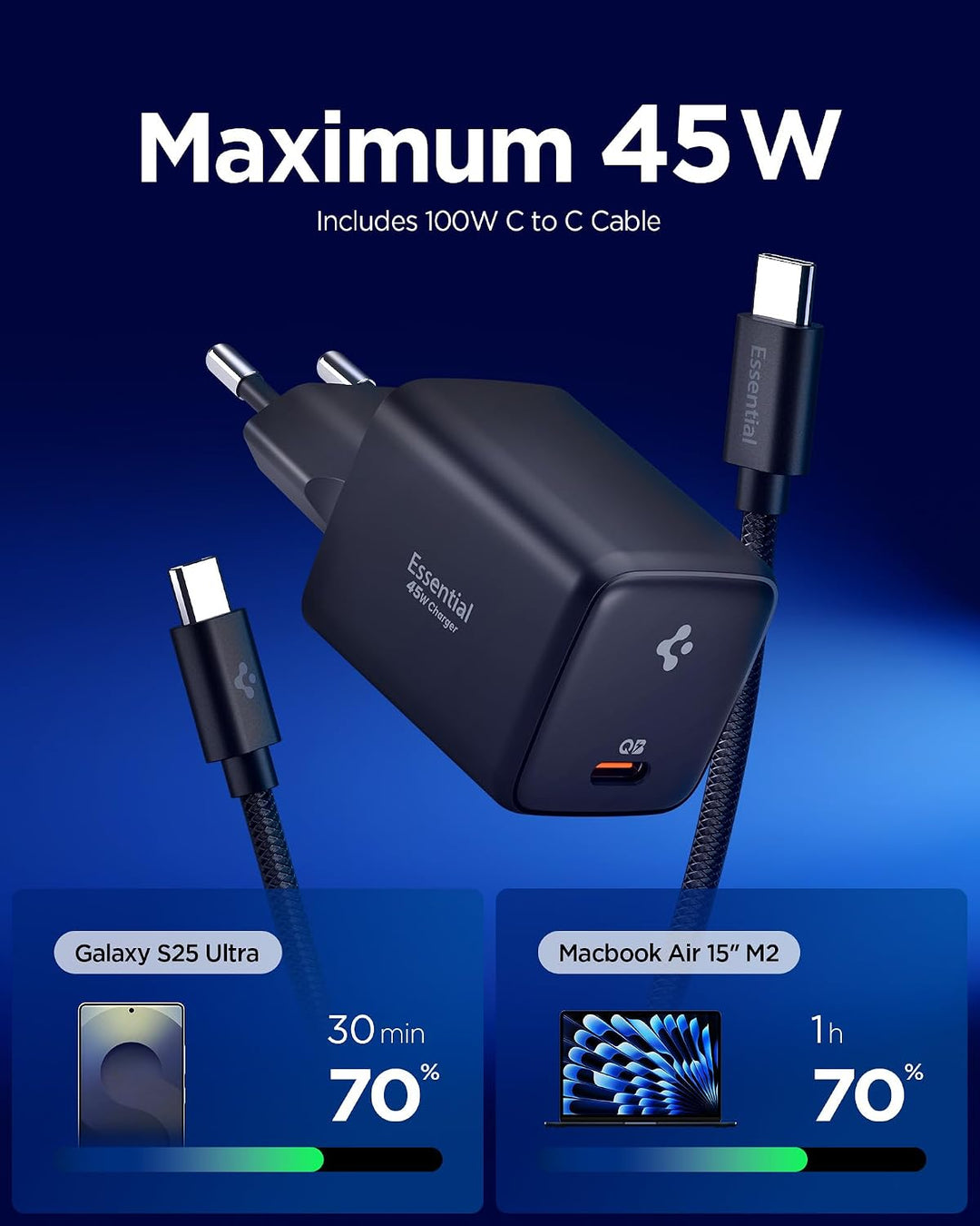 Spigen ArcStation Essential GaN 45W USB-C Ladegerät, Fast Charger, Schwarz Schwarz 45W 1-Port, Schwa