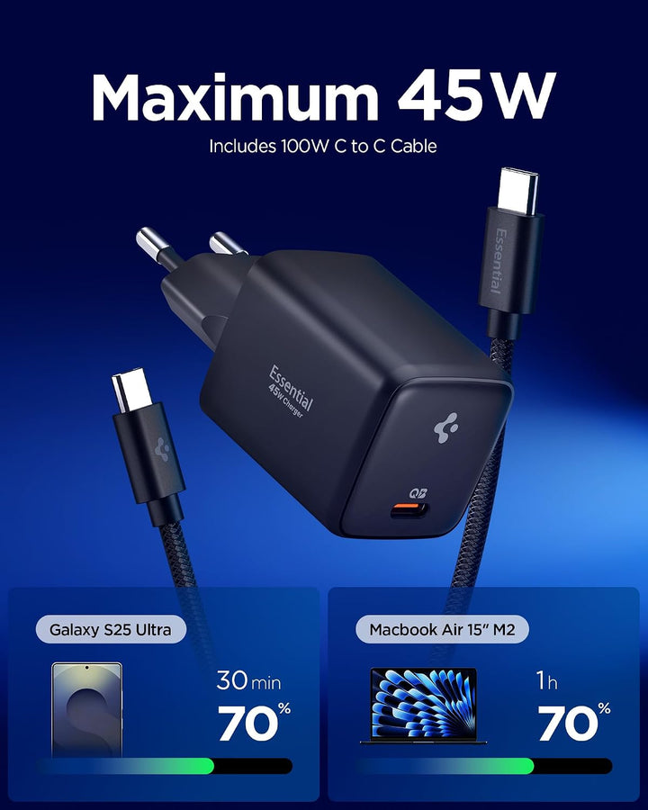 Spigen ArcStation Essential GaN 45W USB-C Ladegerät, Fast Charger, Schwarz Schwarz 45W 1-Port, Schwa
