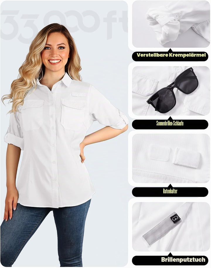 33,000ft Hemdbluse Damen UPF50 UV Schutz Hemd Schnelltrocknende Button-Down Shirts Atmungsaktive Wan