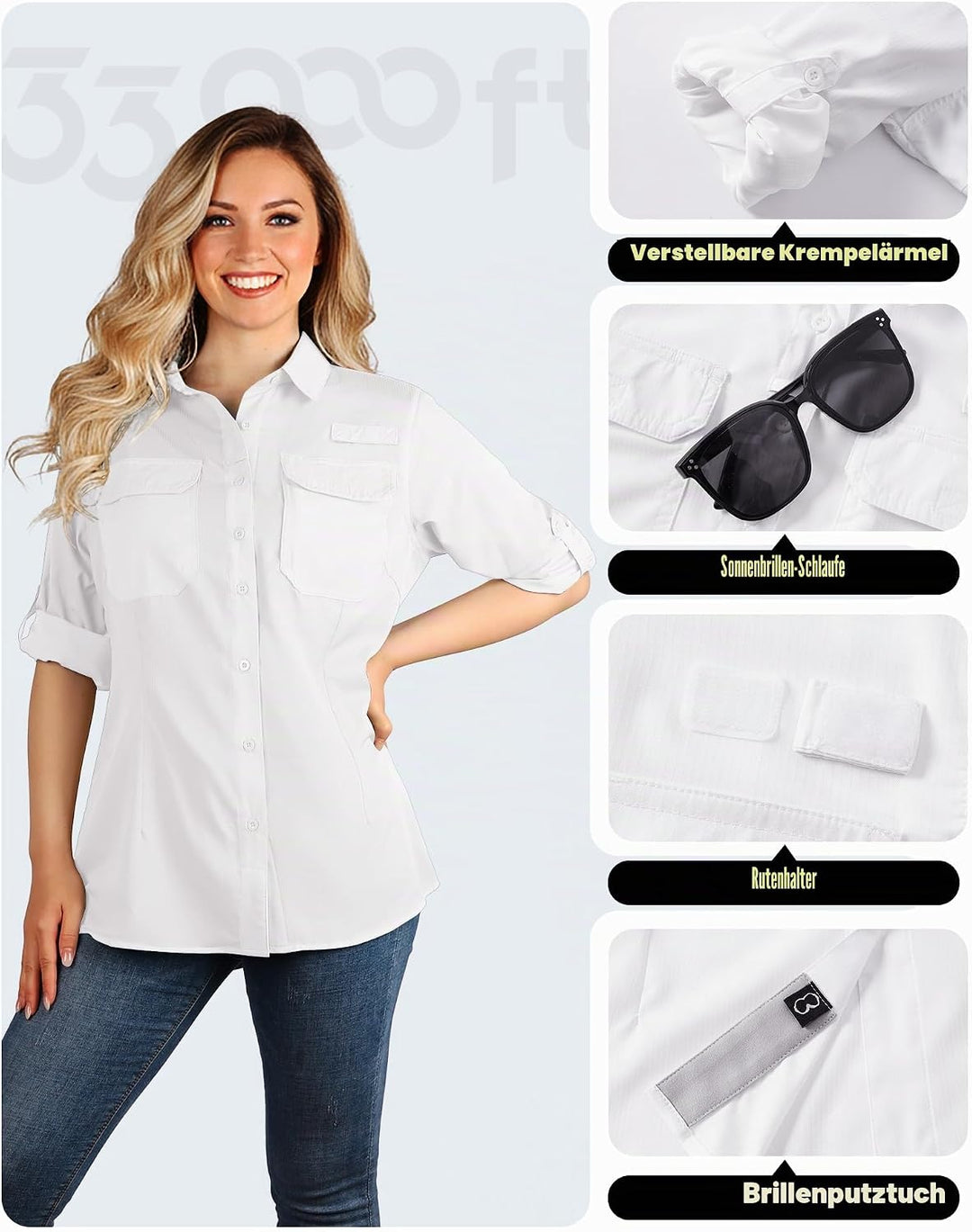 33,000ft Hemdbluse Damen UPF50 UV Schutz Hemd Schnelltrocknende Button-Down Shirts Atmungsaktive Wan