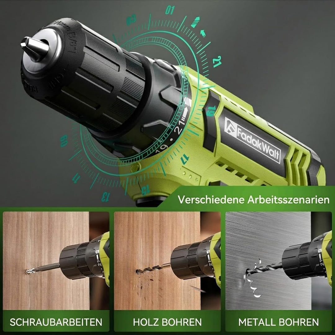 FADAWALT Akkuschrauber Set, 20V Akku Bohrschrauber Set mit 2 Akkus mit je 1300mAh, 21+1 Drehmomentst