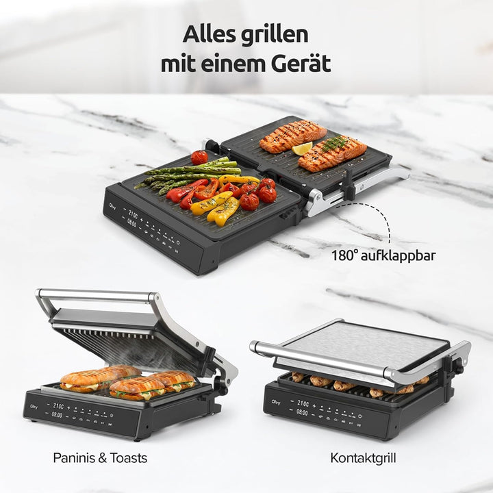 Olvy Kontaktgrill mit Touchscreen – PFAS-frei – 5 Automatische Programme – 180° Öffnung, 2000 W – Ab