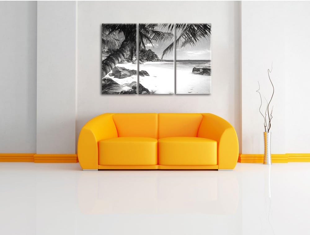 Pixxprint Palmenstrand Seychellen Kunst / 3-Teilig/Gesamtmass 120cm Leinwandbild bespannt auf Holzra