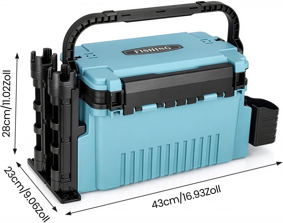 2-stöckig Gross Angelkoffer Tackle Box mit Rutenhalter & Becherhalter, klappbarem Tragegriff, 43×23×