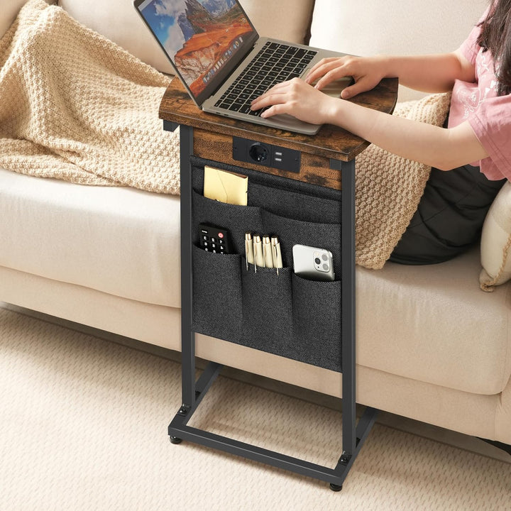HOOBRO C-Form Beistelltisch mit Ladestation, Couchtisch mit gebogener Platte, Sofatisch mit Vliestas