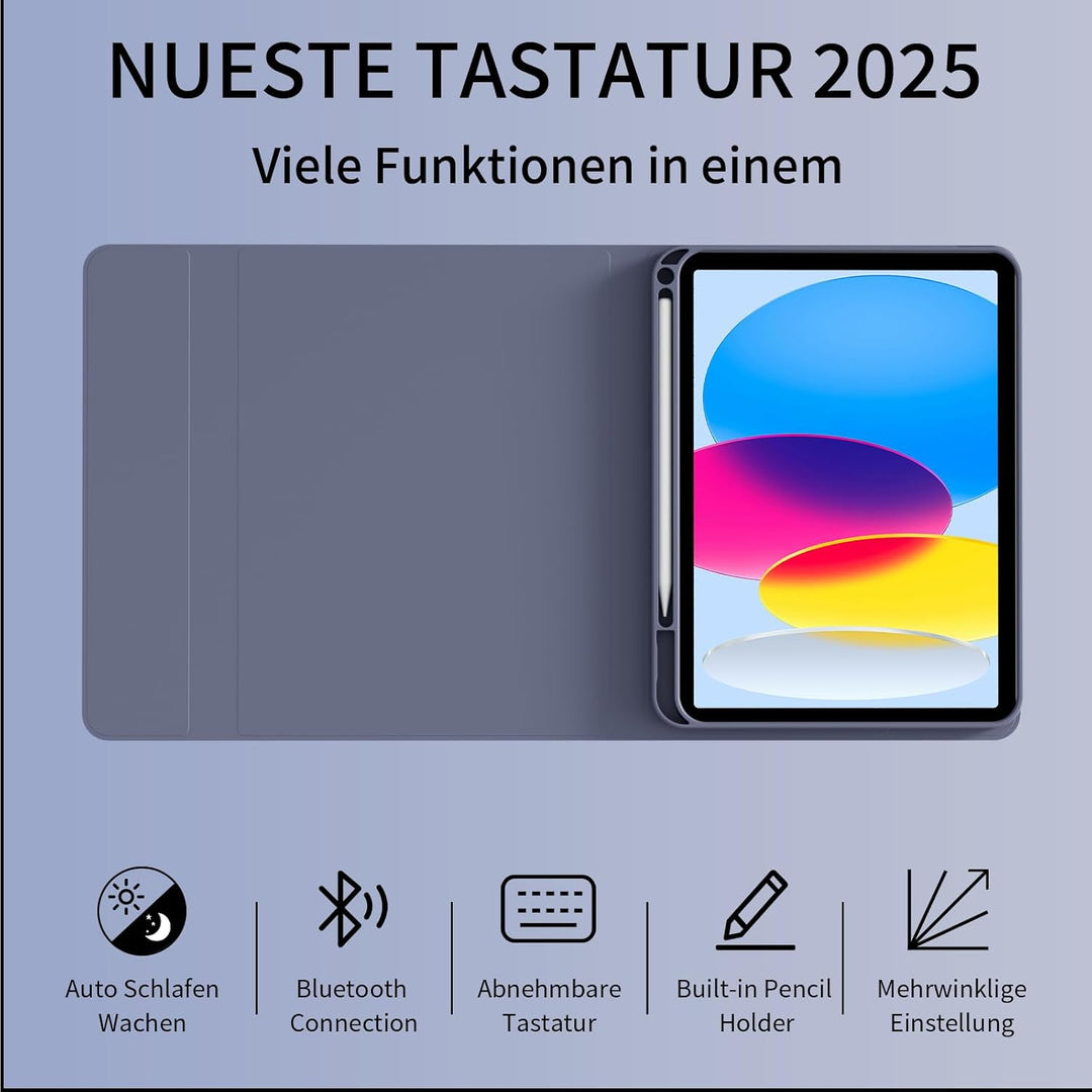 Hülle mit Tastatur für iPad A16 11 Generation 2025/10 Generation 2022 (11/10.9 Zoll), QWERTZ Layout,