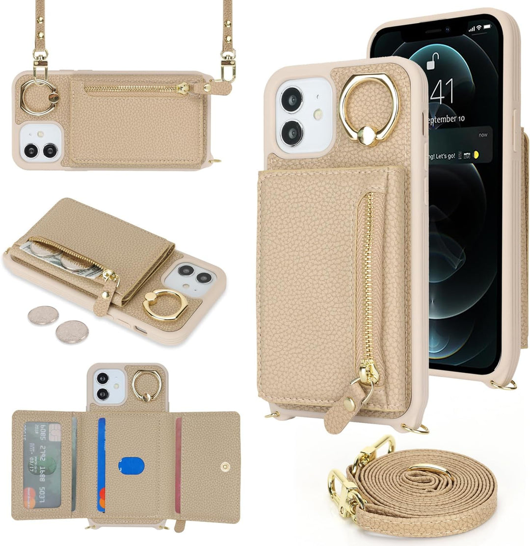 ELTEKER Handyhülle für iPhone 12 Mini Hülle mit Band Kartenfach Handykette Ringhalterung Geldbörse,L