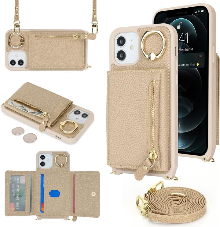 ELTEKER Handyhülle für iPhone 12 Mini Hülle mit Band Kartenfach Handykette Ringhalterung Geldbörse,L