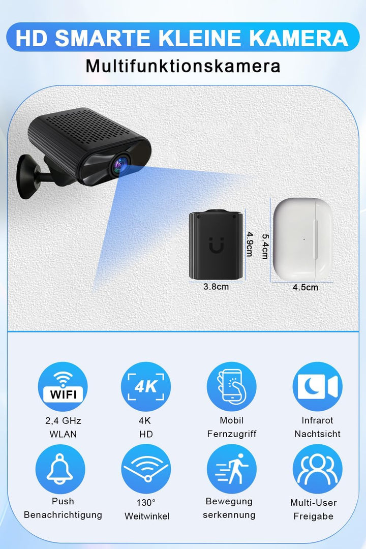 cuoum Mini-Kamera – WLAN Camera mit Live-Übertragung per Handy-App – 4K HD Nachtsicht Kamera mit Bew