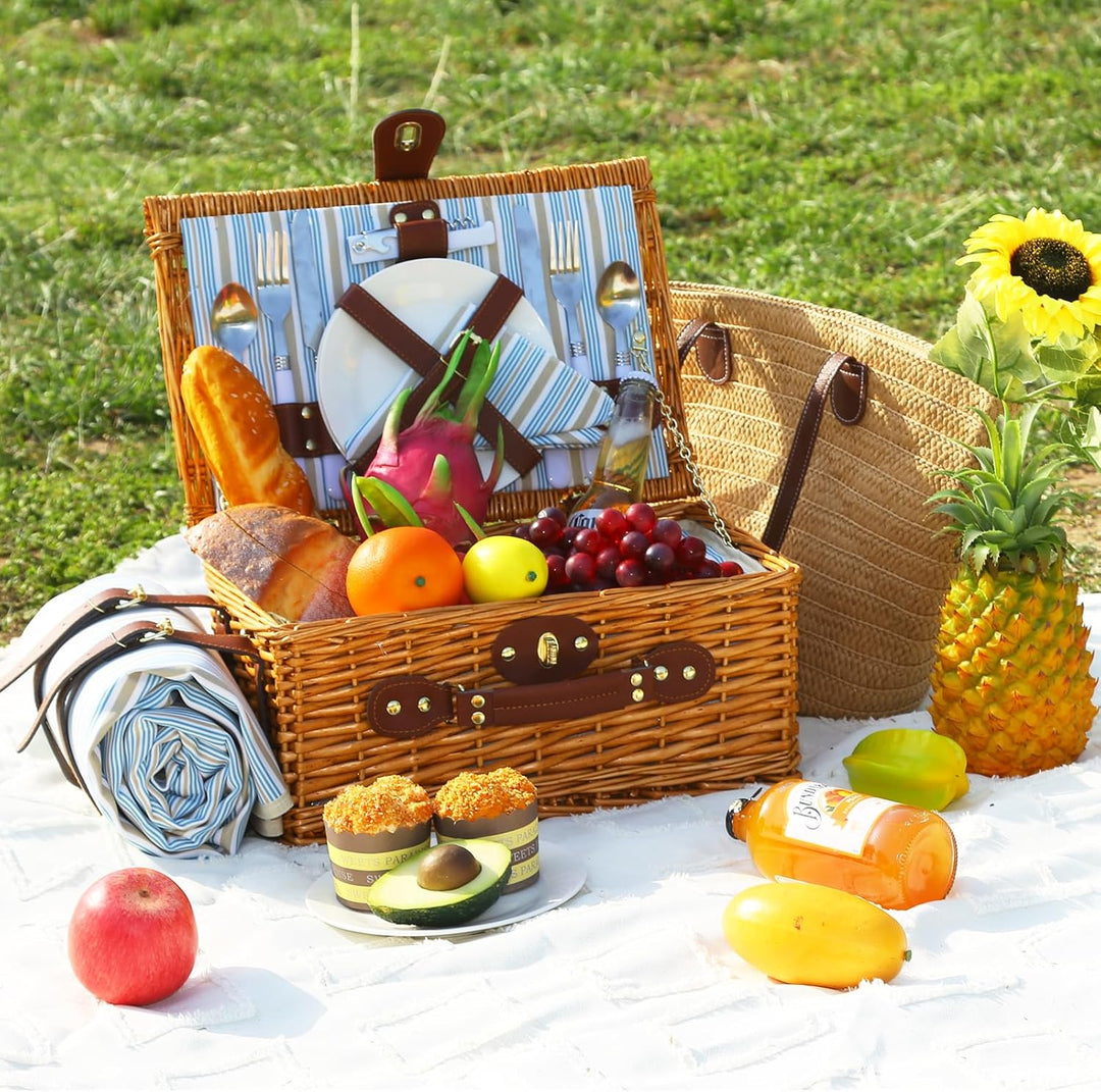 Picknickkorb Set für 2 Person mit Kühlfach und wasserdichte Picknickdecke, Abnehmbarer Riemen, Weinb