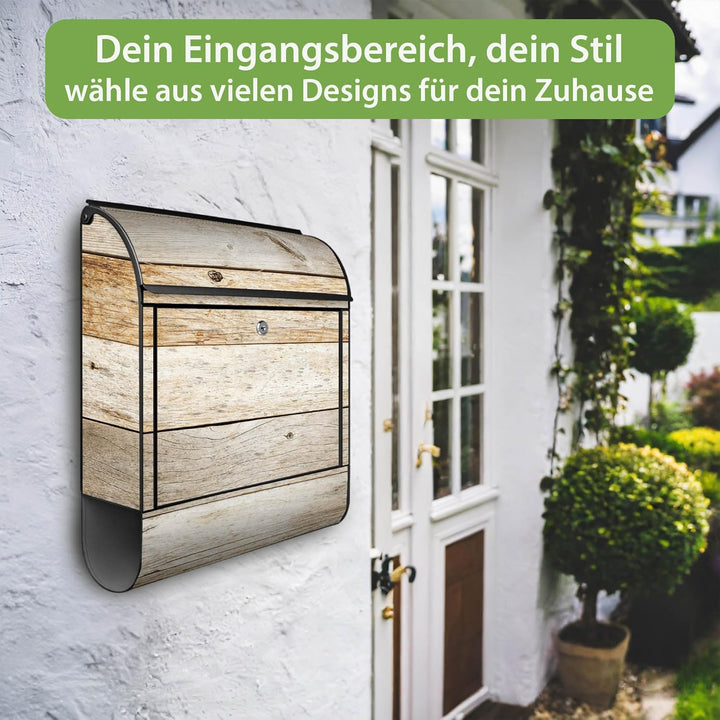banjado® Design Briefkasten mit Motiv Graues Holz 39x47x14cm &amp; 2 Schlüssel - Briefkasten Stahl schwa