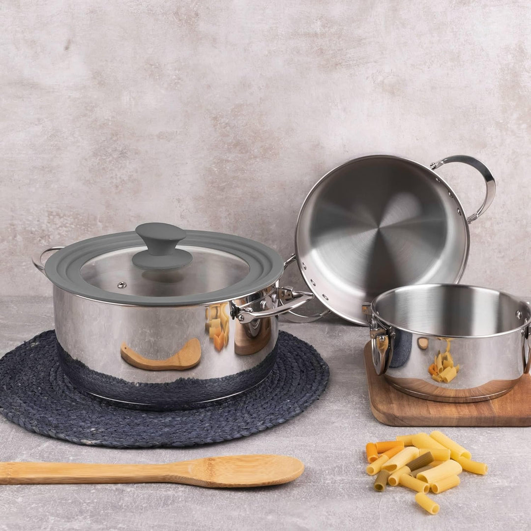 MasterPRO Foodies - Küchenbatterie - 4 -Stück -Set mit 4, 20 und 24 cm Pfannen und Glasdeckel - Herg