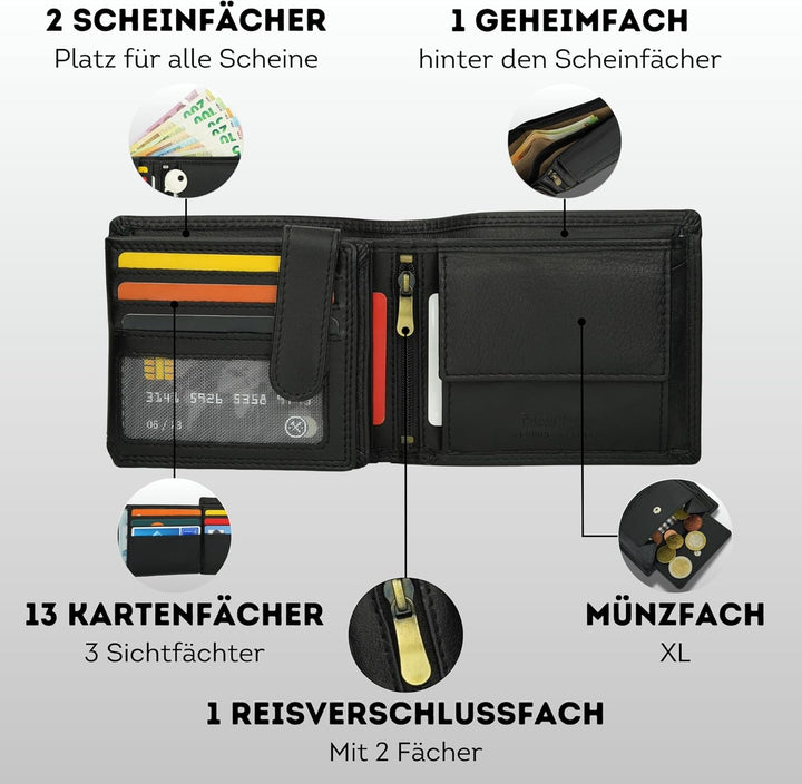 Manza Leder Geldbörse Herren mit RFID Schutz und Geheimfach I Echtleder Geldbeutel für Männer mit Ge