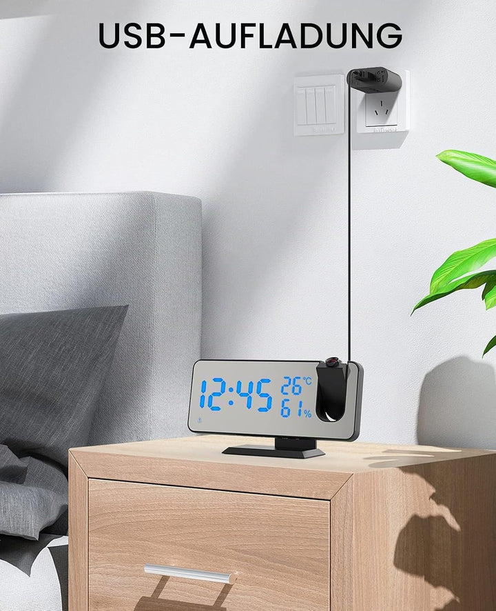 ShinePick Projektionswecker, Digital Wecker mit Projektion, Radiowecker mit USB-Anschluss Snooze Dua
