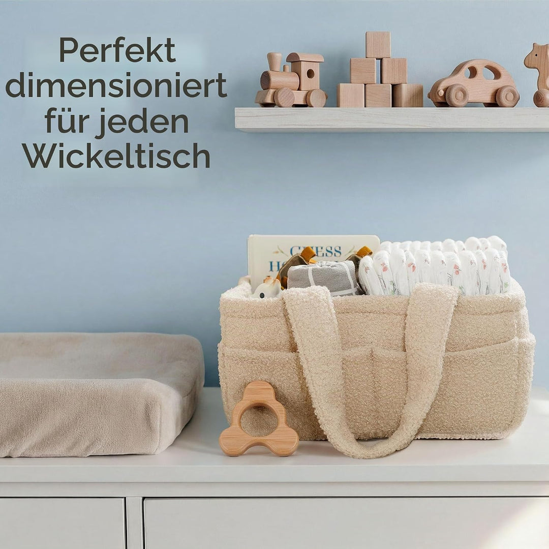 PUTSKA Fleece Nappy Caddy Organiser – Soft Teddy Fabric Baby Caddy with Handles, Portable Nursery St