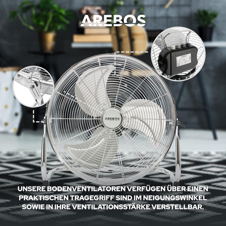 Arebos Bodenventilator Ø45 cm | Windmaschine Retro Stil | Ventilator | 3 Geschwindigkeitsstufen | ho