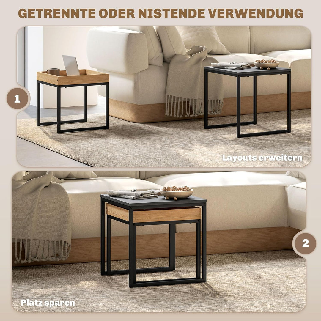 HOMCOM Couchtisch 2er Set Satztisch Quadratischer Beistelltisch mit Abnehmbarem Tablett, Stahlgestel