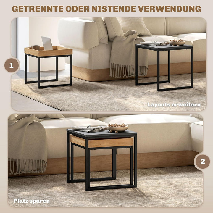 HOMCOM Couchtisch 2er Set Satztisch Quadratischer Beistelltisch mit Abnehmbarem Tablett, Stahlgestel