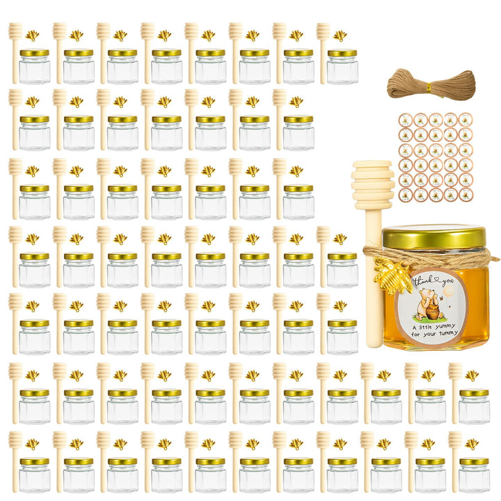 Youyijia 60er Set Mini Honiggläser – 1,5oz Hexagon-Glasflaschen mit Holz-Dipper, Goldener Deckel, Bi