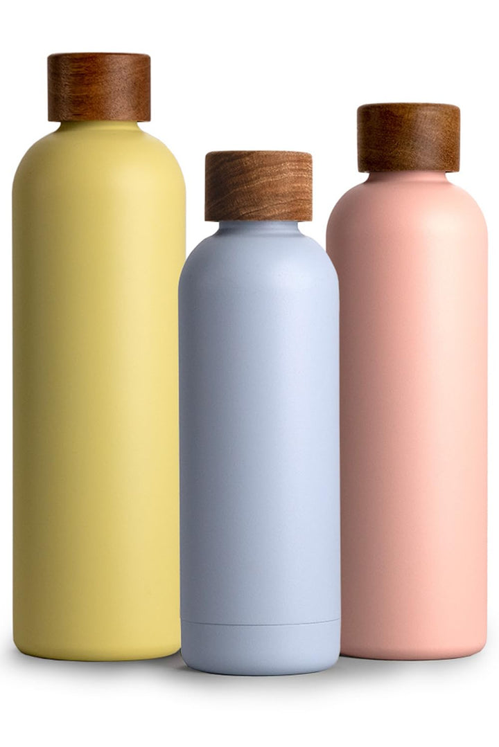 T&N Edelstahl Trinkflasche 500ml, Thermosflasche 0.5l mit Akazienholz Deckel, Isolierte Wasserflasch