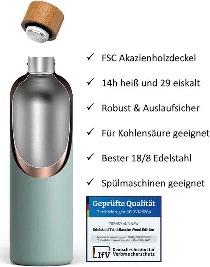 T&N Edelstahl Trinkflasche 1 Liter, Thermosflasche 1l mit Akazienholz Deckel, Isolierte Wasserflasch