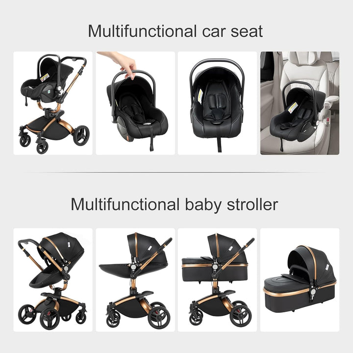 Prokoke PU-Leder Kinderwagen 3 in 1, Buggy mit Verstellbarem Sitz mit 360°-Drehung, Kinderwagen mit