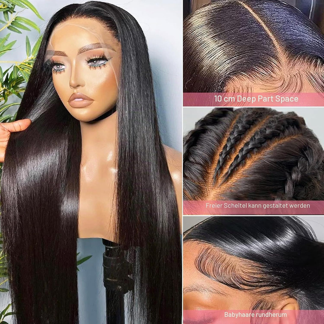 Echthaar Perücke 200% Dichte Straight Perücken Echthaar Damen, 13x4 Transparent Lace Front Human Hai