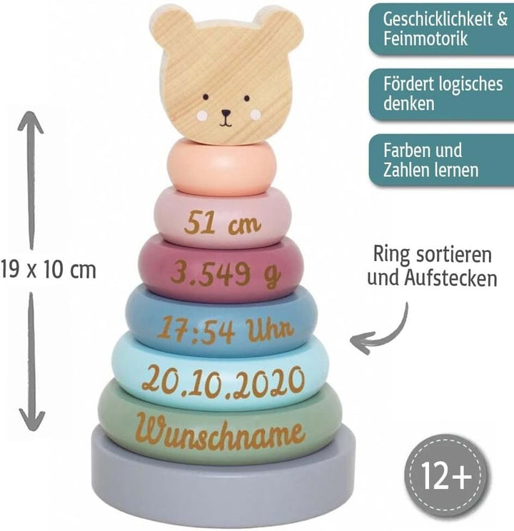 Elefantasie Stapelturm aus Holz Bär personalisierbar mit Name und Geburtsdaten Baby Geschenk mit Gra