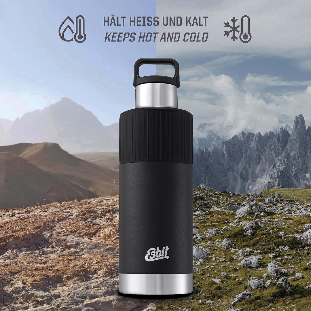 Esbit Isolierflasche Sculptor - Edelstahl Trinkflasche 1000 ml in Schwarz mit Manschette - für warme
