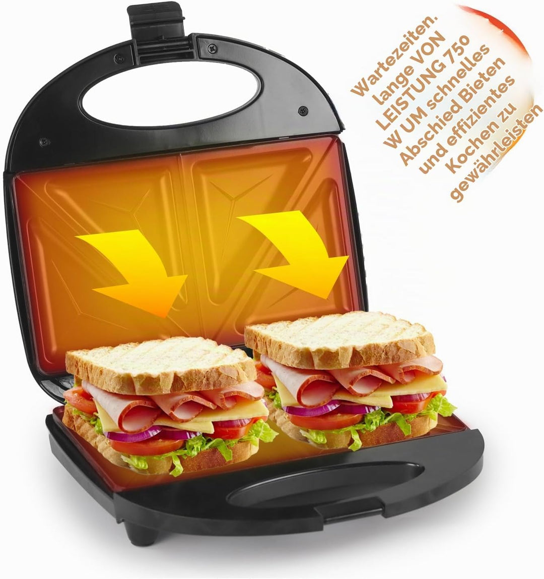 Sandwichmaker 750W, Sandwichtoaster Kuchen 2 Scheiben mit Antihaftbeschichtung, Doppelseitiges Backe