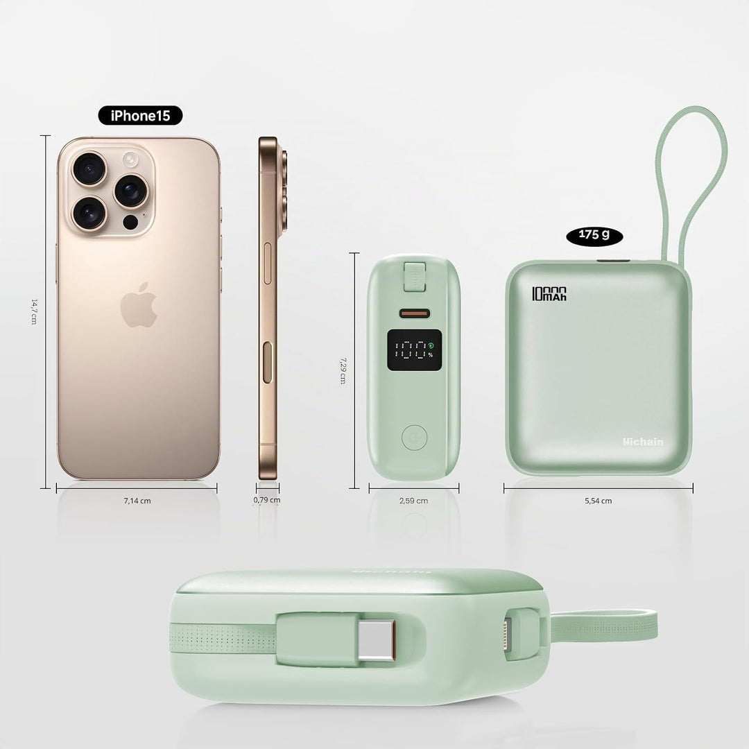 Hichain Power Bank Klein, 10000mAh 22,5W Powerbank USB C Schnellladen mit Integriertem USB-C Kabel,
